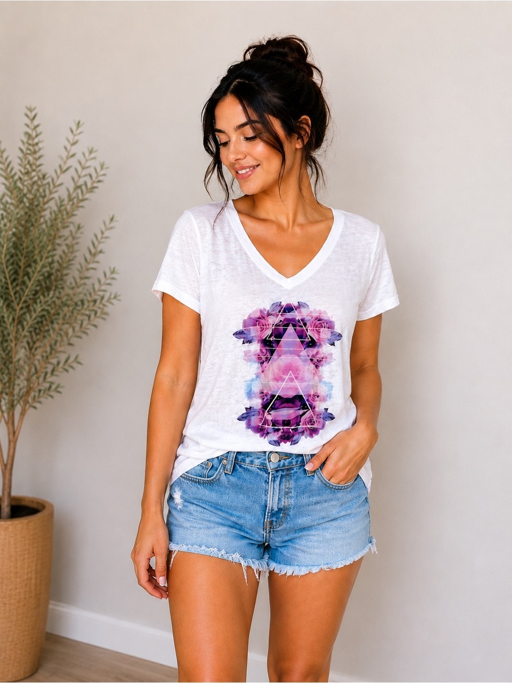 Tokyo Darling V-Neck Burnout Graphic Tee Shirt  White with Purple Size Medium